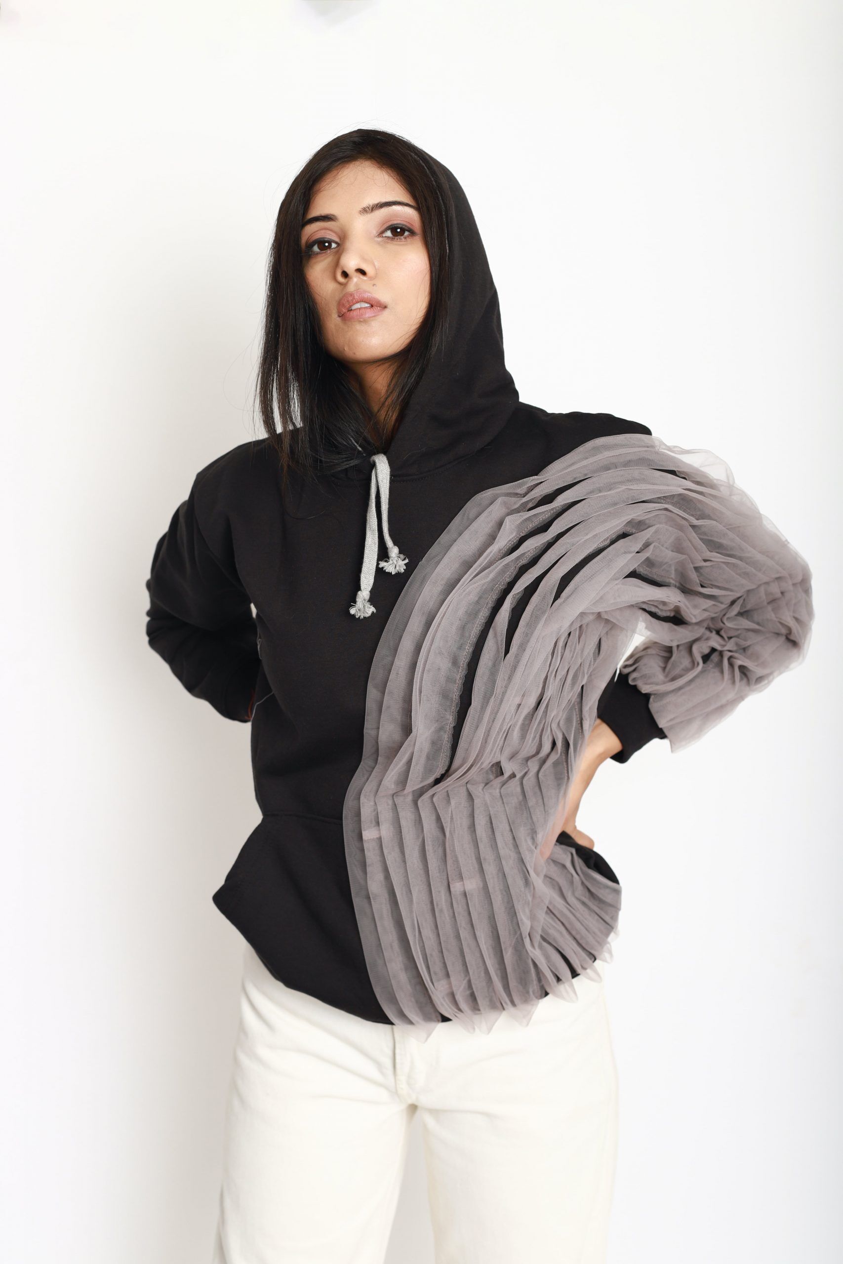 Black Sweatshirt Hoody With Grey Ruffle Detailing