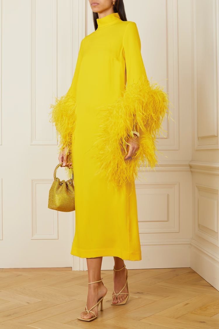 Yellow Feather Trim Midi Dress